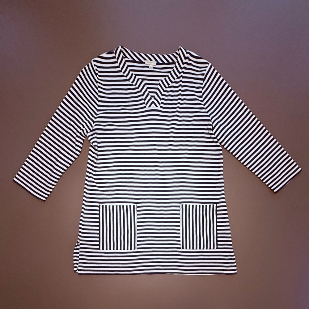 Talbots Navy and White Striped 3/4 Sleeve V-neck Tunic Size Medium - Picture 2 of 8
